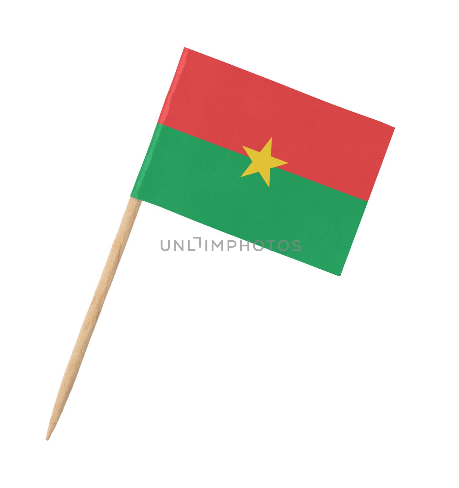 Small paper flag of Burkina Faso on wooden stick, isolated on white