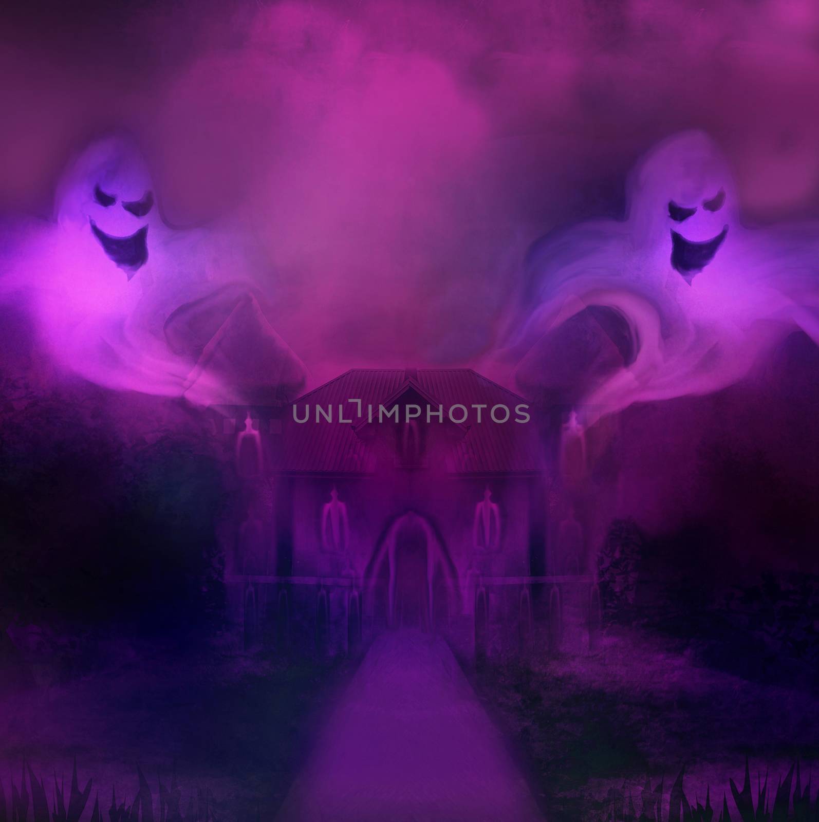 Halloween terrible illustration with a ghost in front of a haunt by JackyBrown