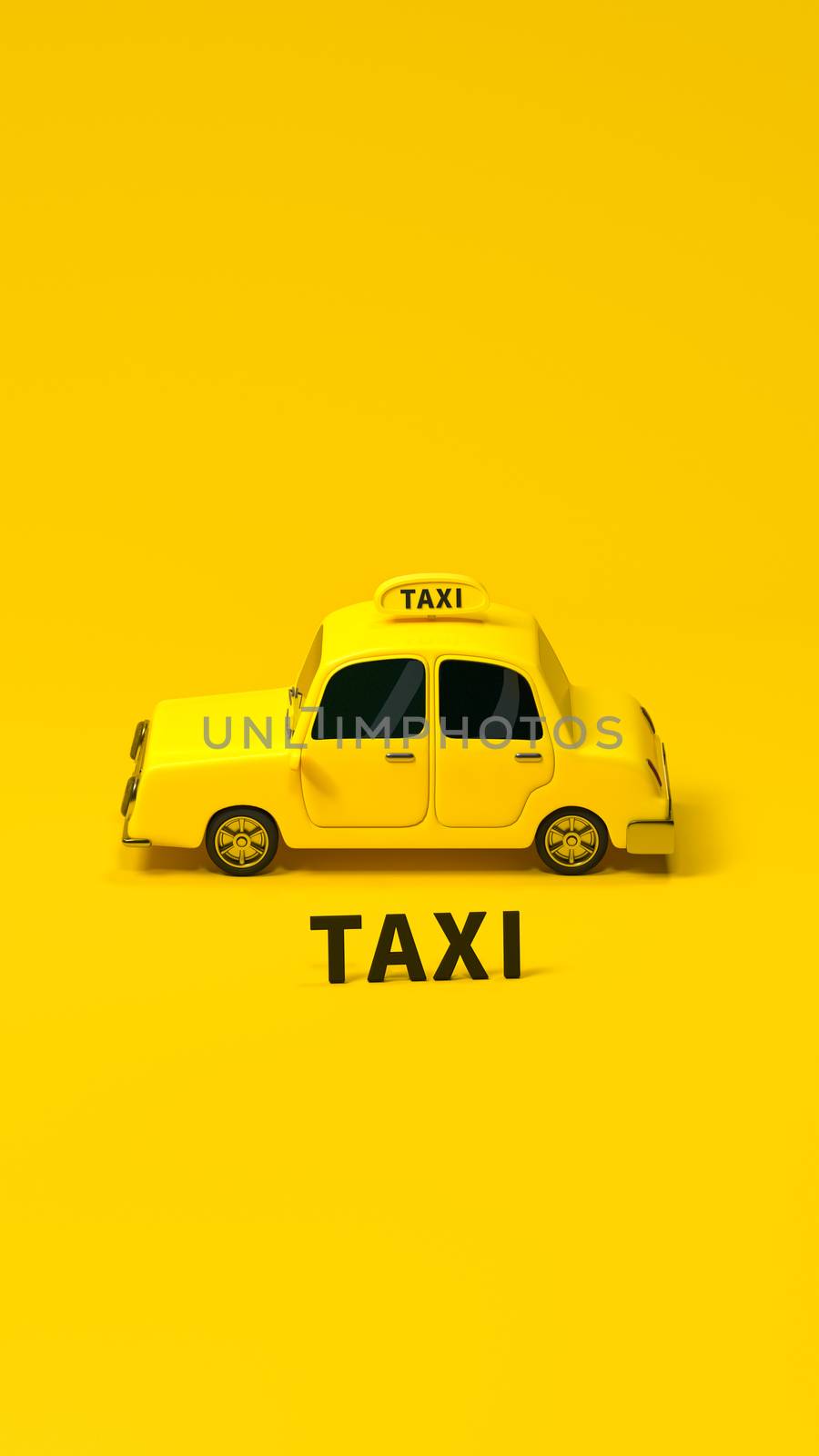 Mini 3D taxi, mini car with yellow color, 3d rendering. Computer digital drawing.