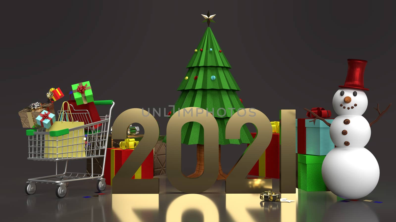 Snowman and shopping cart for Christmas and new year  holiday content 3d rendering