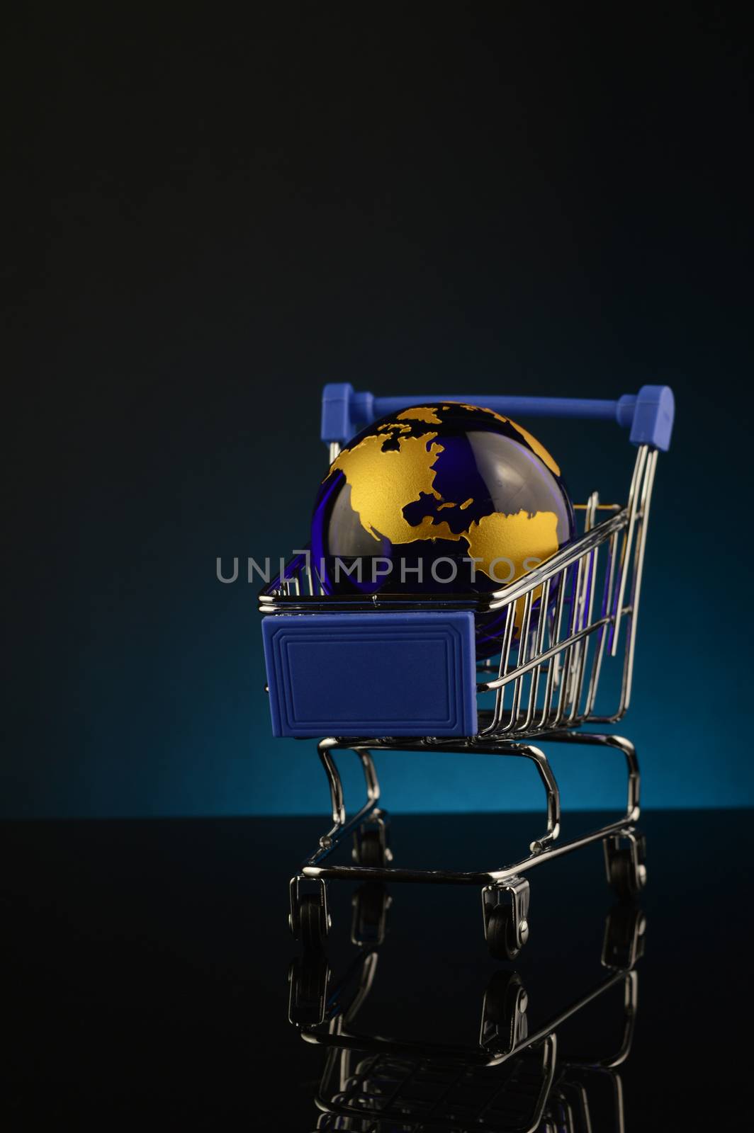 A conceptual image of global shopping over a blue background.