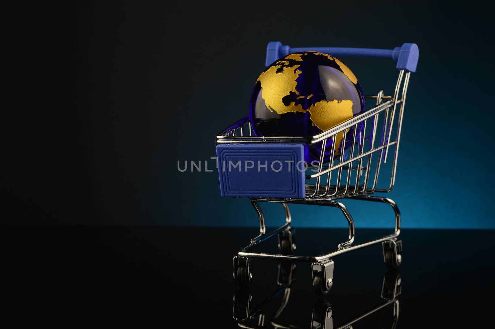 A conceptual image of global shopping over a blue background.