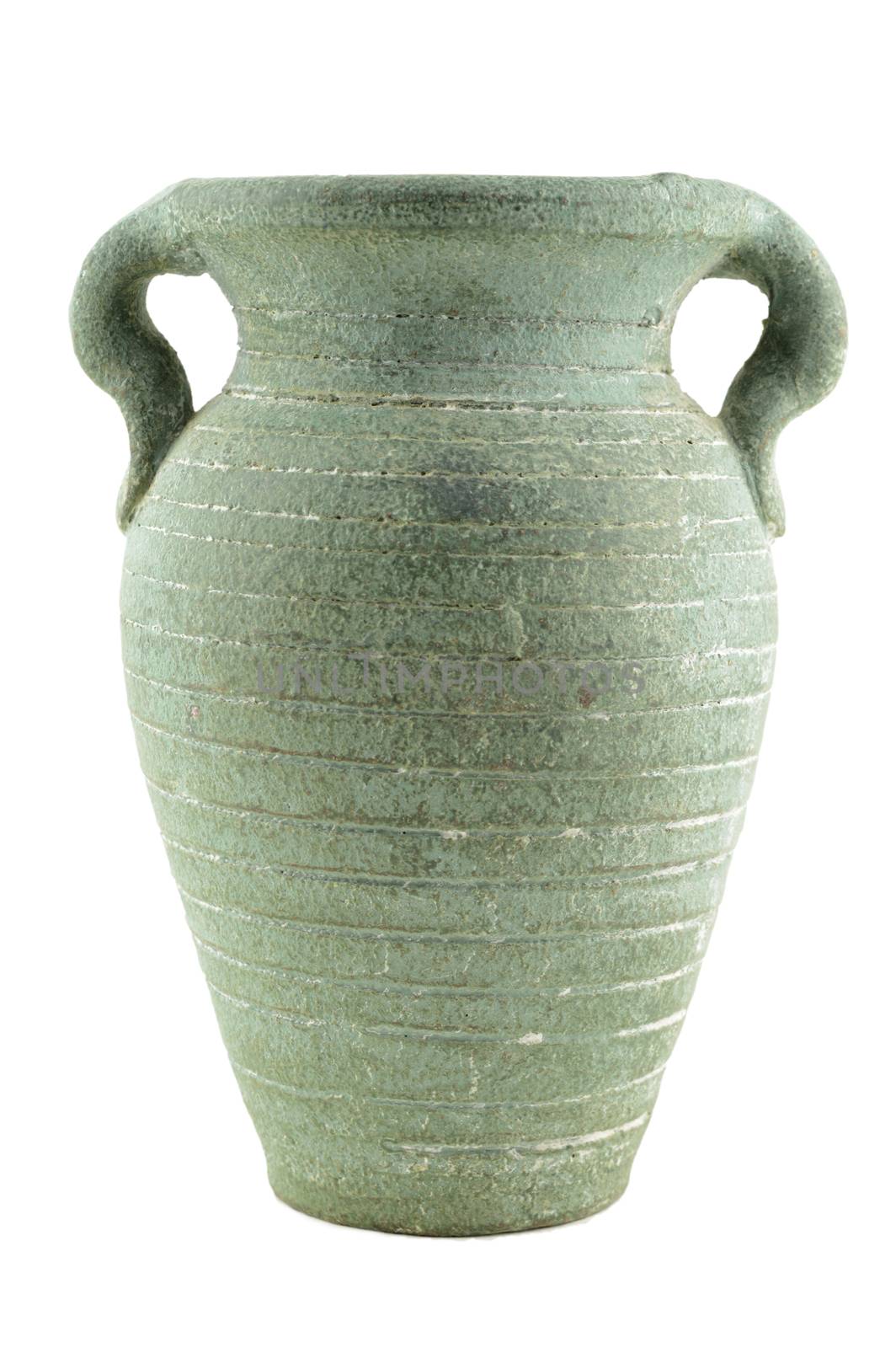 An isolated over white image of a green clay vase.