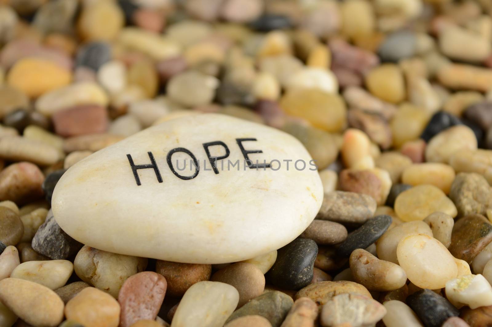 An engraved river stone with the word hope giving spiritual ambience to the scene.