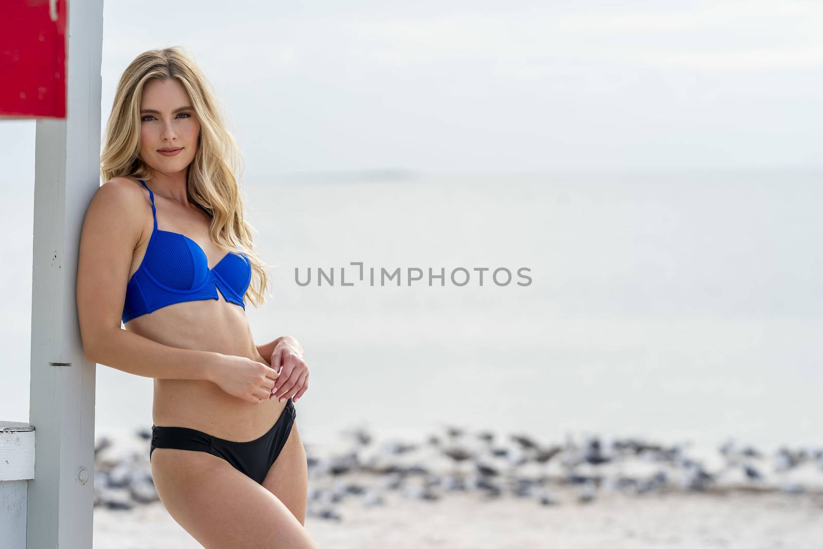 Lovely Blonde Bikini Model Posing Outdoors On A Caribbean Beach Near A Lifeguard Station by actionsports