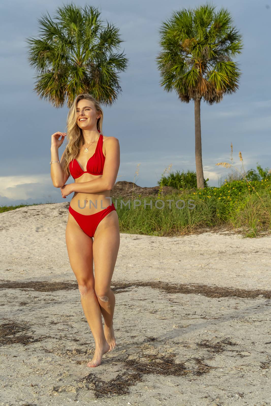 A beautiful blonde bikini model enjoys the weather outdoors on the beach