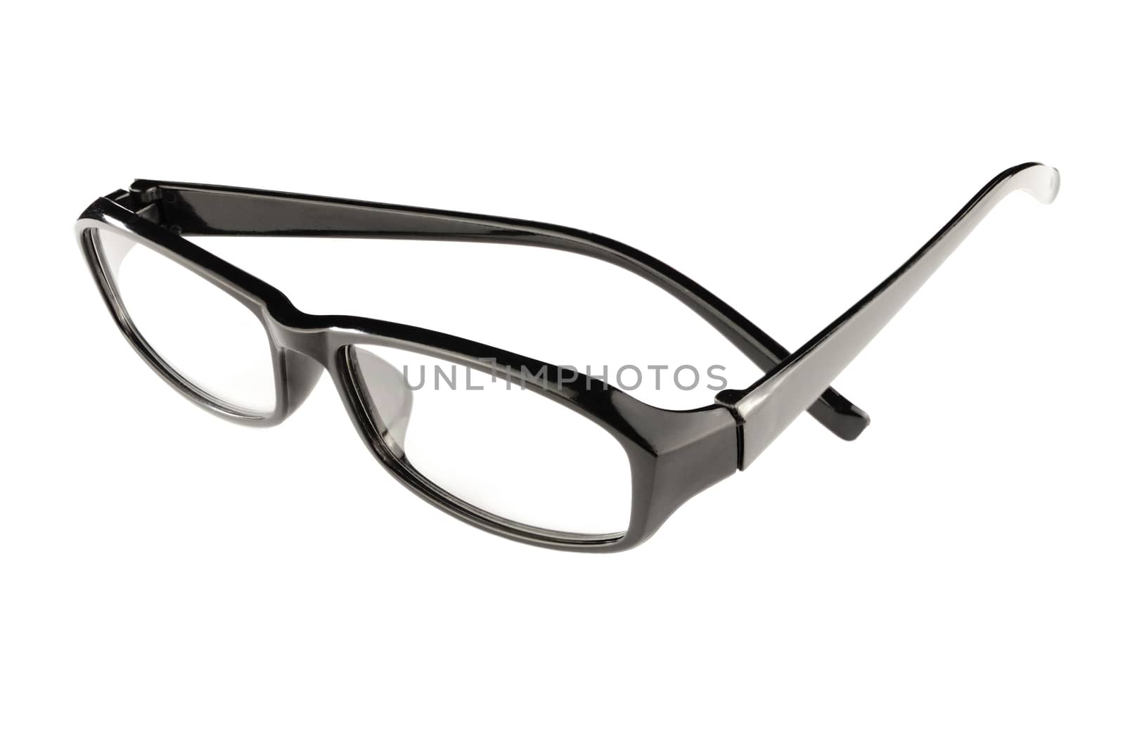 An isolated composite of black eyeglasses utilizing multiple focus points to achieve a near full focus object.