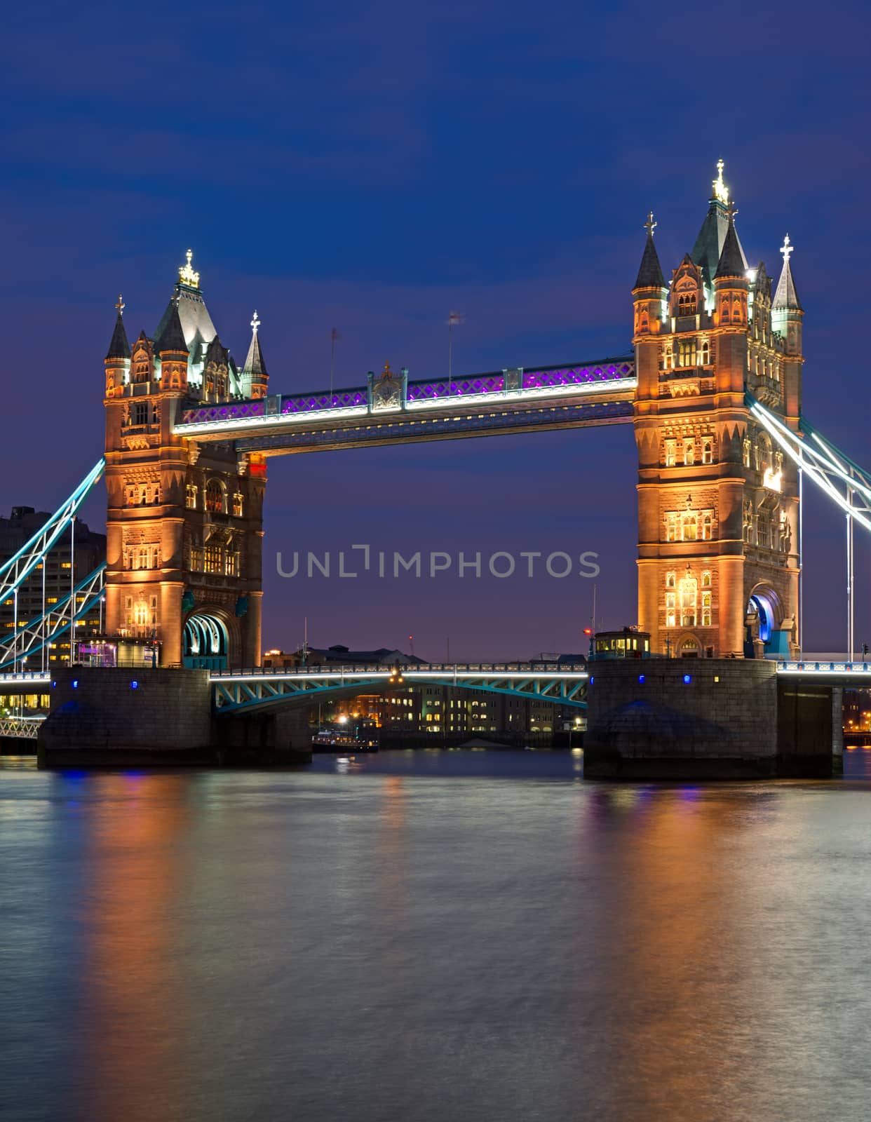 The illuminated Tower Bridge in London after sunset