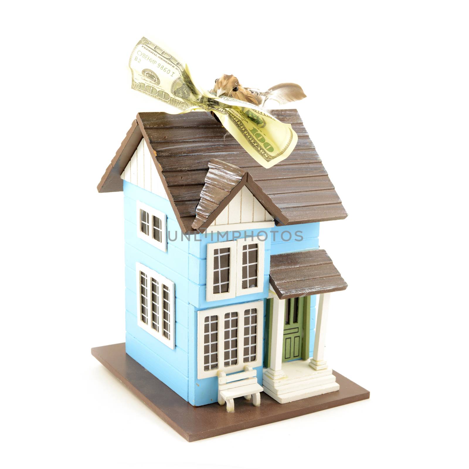A conceptual image with a small bird holding a hundred dollar bill in its beak while resting on top of a miniature house.