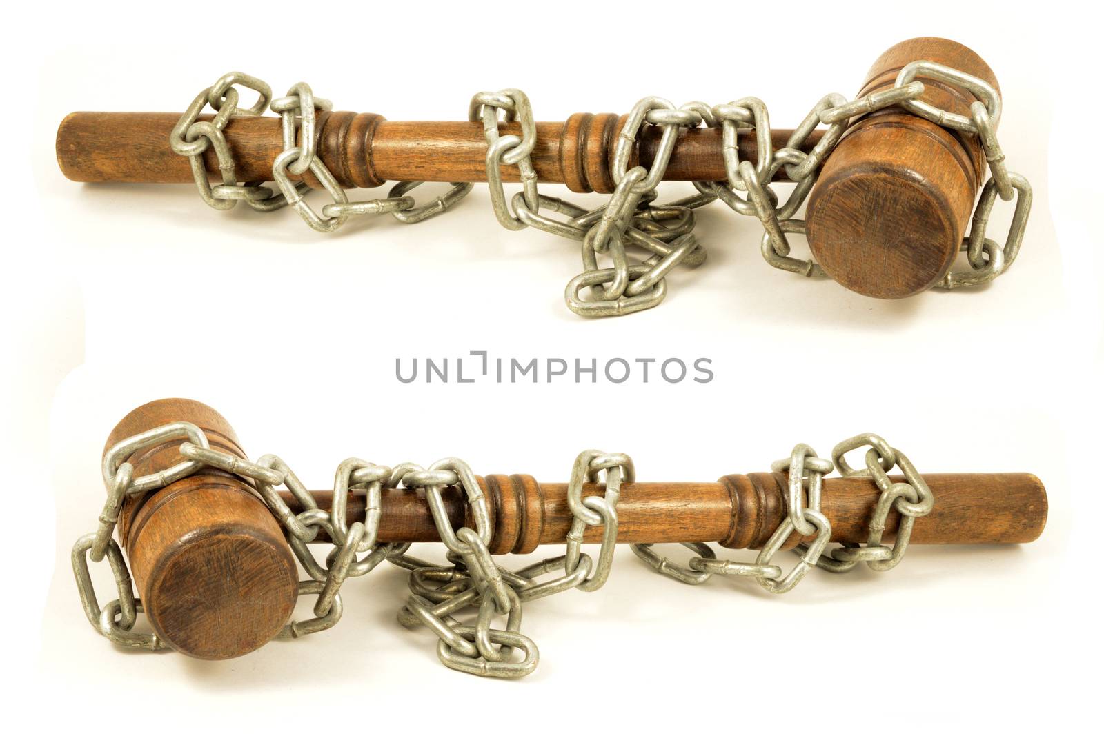 A couple of chain wrapped gavels for representing legal binding laws and policy in business.