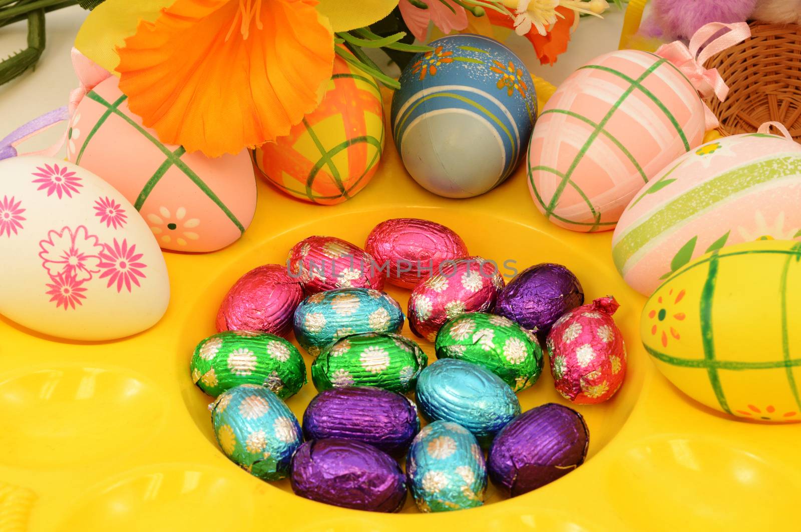 A festive scene of Easter Eggs after decoration.