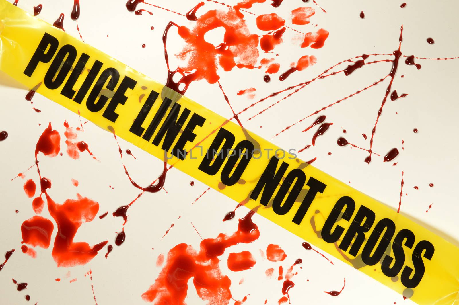 A bloody crime scene with some yellow Police line.
