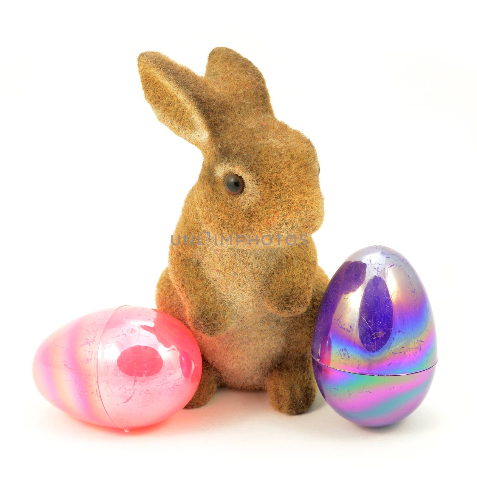 An isolated Easter Bunny with a couple eggs over a white background.