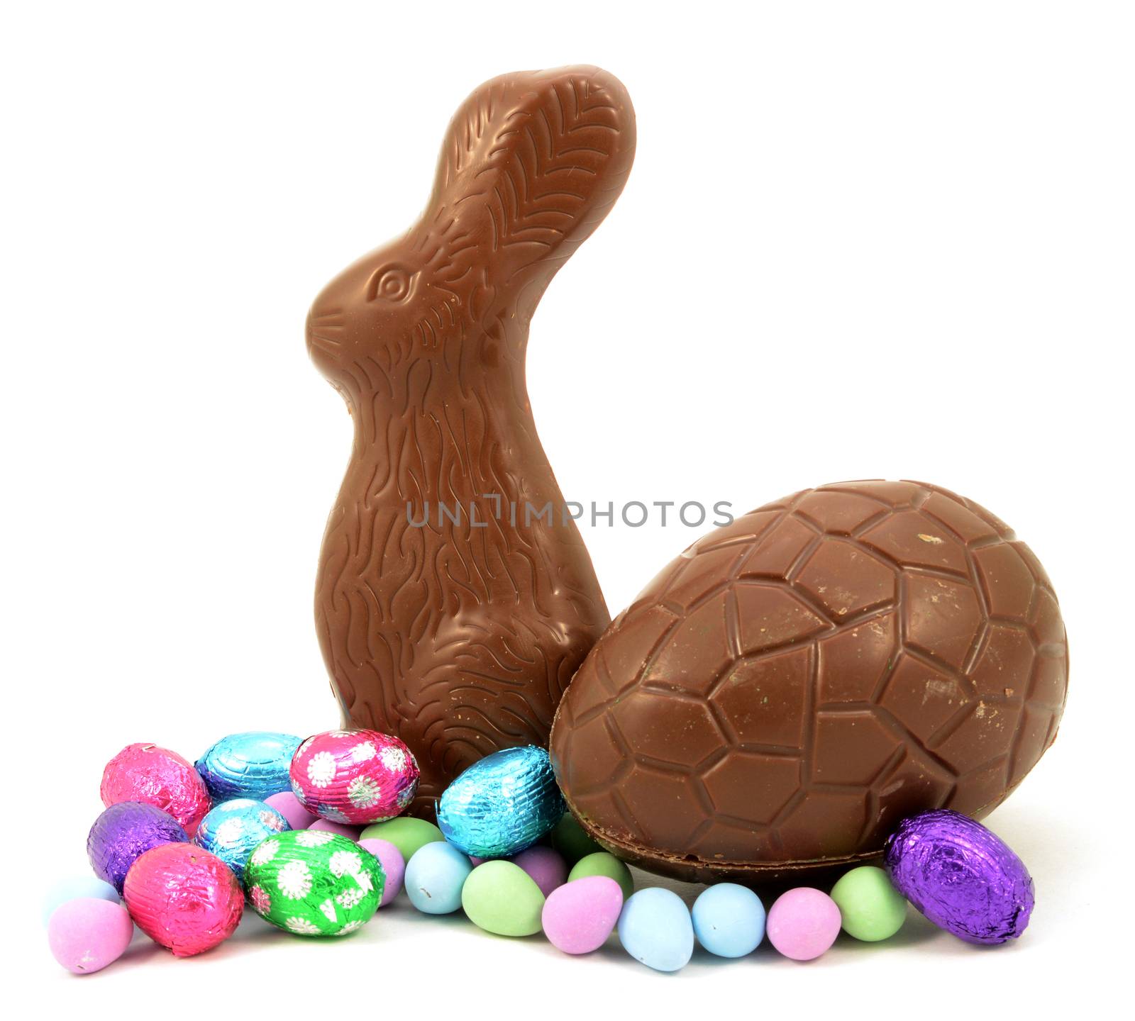 An isolated group of various Easter Chocolates isolated over a white background.