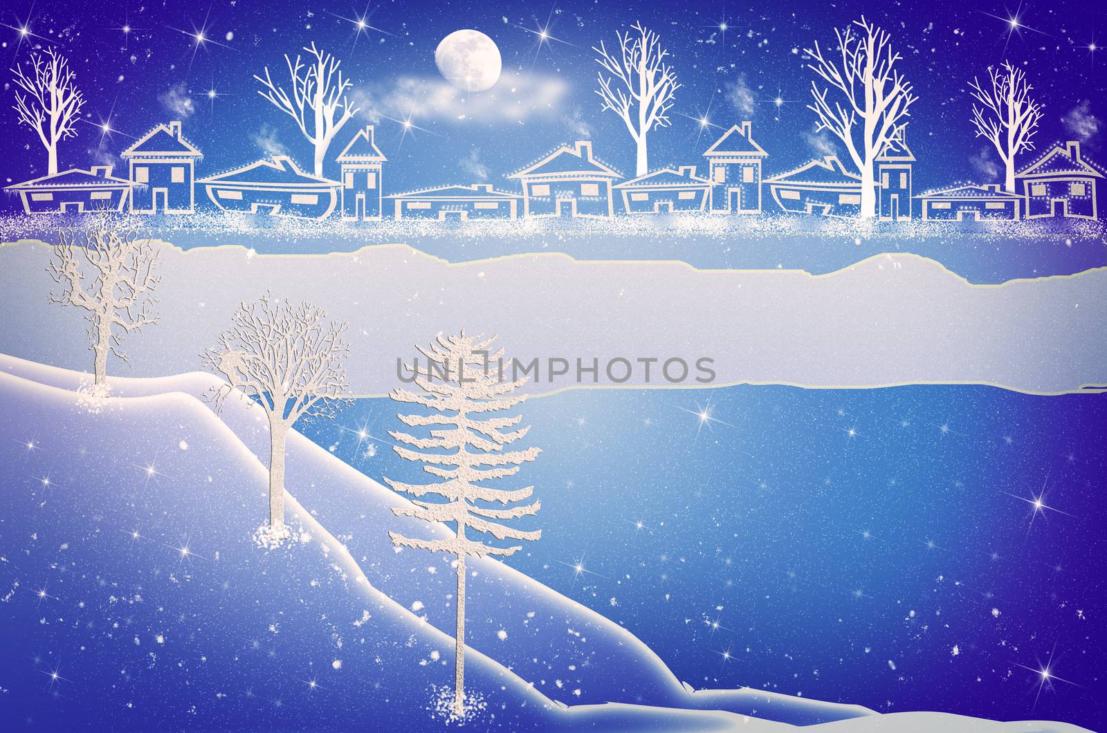 City landscape with winter houses. Greeting card with a beautiful snowy cottages. New year poster with copy space. Stock illustration