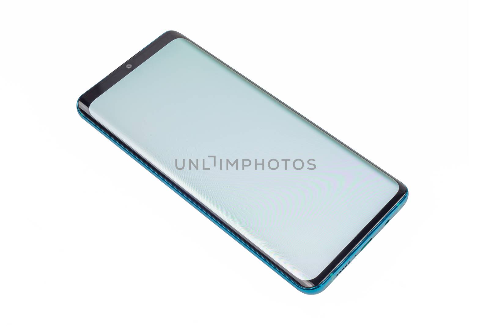 Generic green 2020 year smartphone with waterfall display and teardrop front camera - showng blank white screen with pixel grid. Isolated on white background in diagonal perspective.
