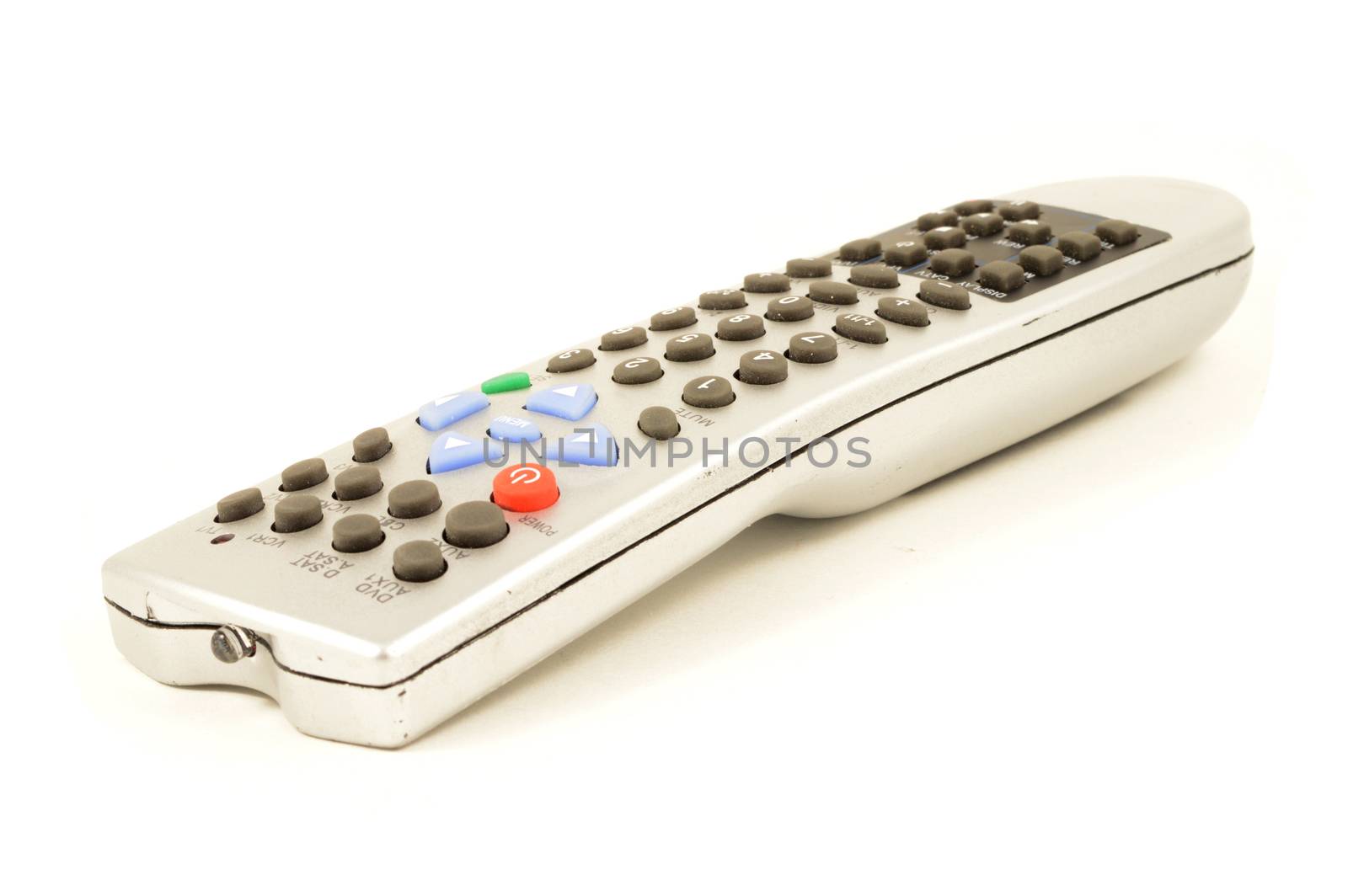 An isolated over white background image of a Universal remote controller for multiple digital devices.