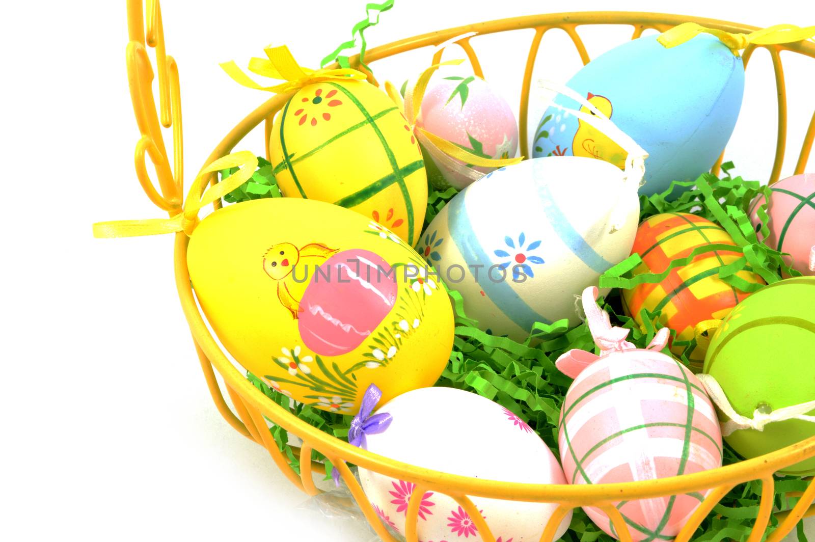 A closeup view of an Easter basket full of painted eggs for the holiday season.