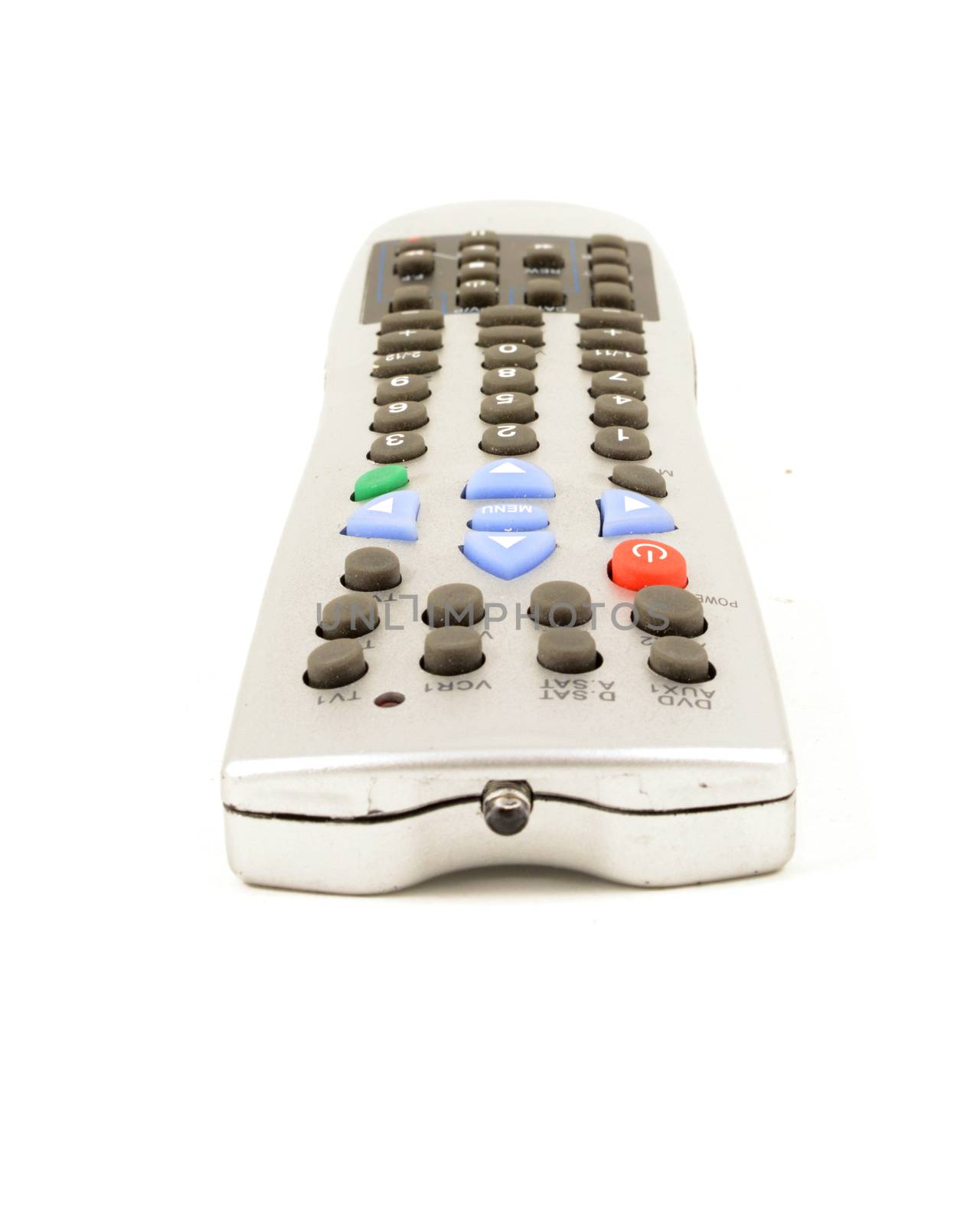 An isolated over white background image of a Universal remote controller for multiple digital devices.