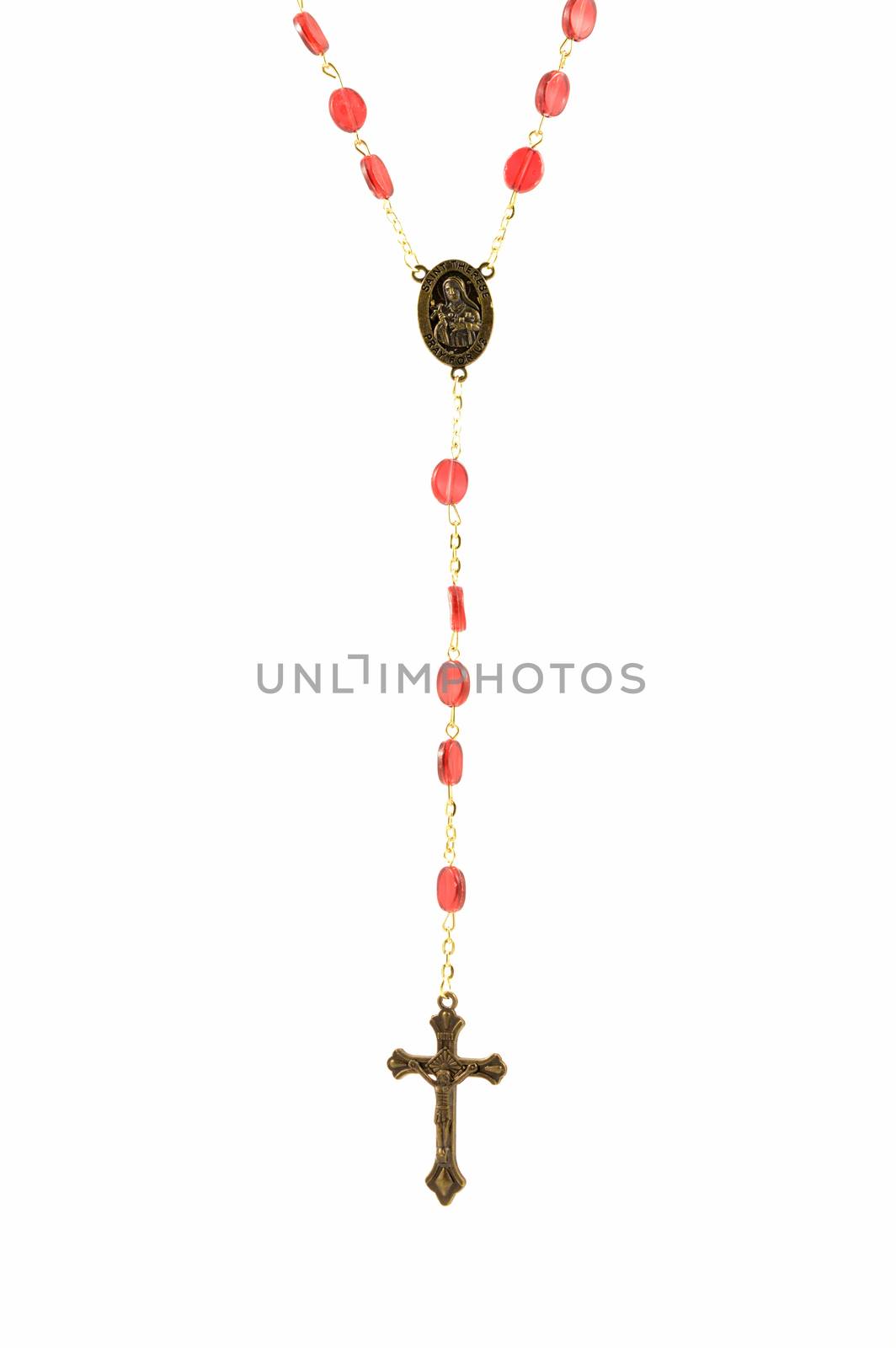 A hanging jewelry style shot of a Christian Rosary over a clean white background.