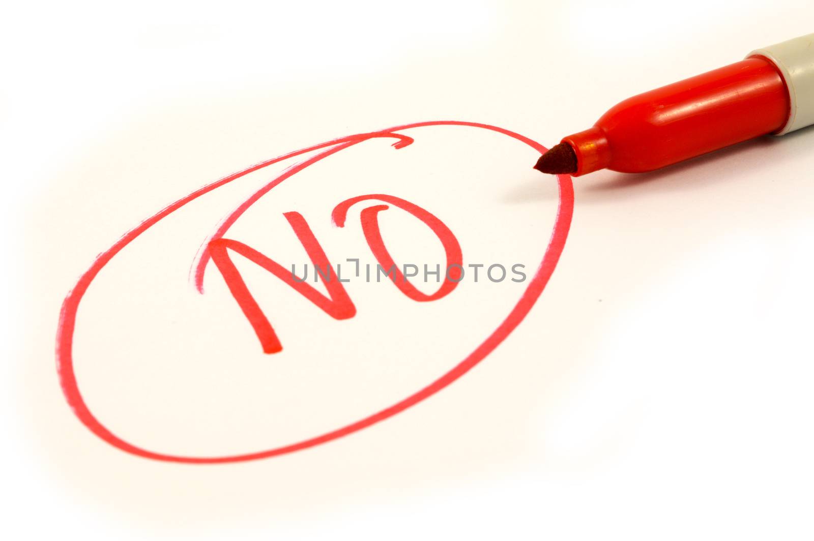 The word NO is boldly written in red marker ink over a white piece of paper.