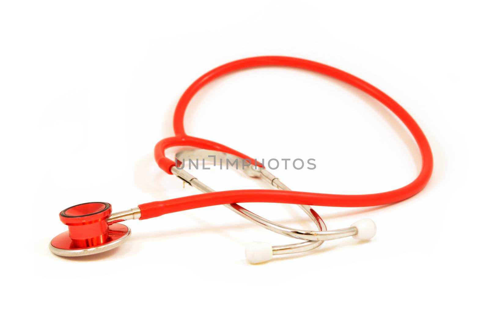 An isolated red stethoscope for use as a graphic element in medical designs.