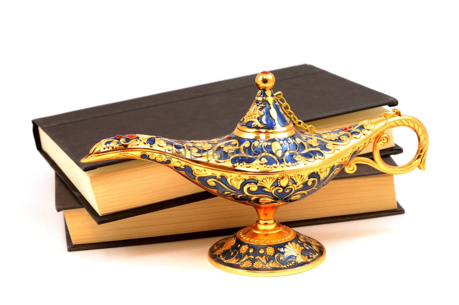 A set of isolated books and a genie lamp to give the reader stories of legends.