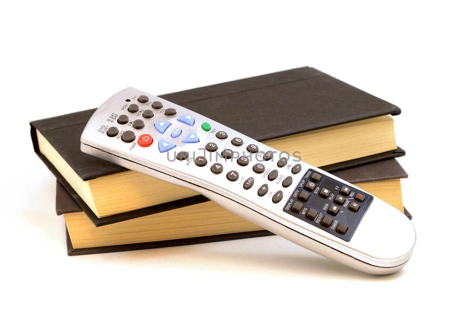 An isolated set of books and a universal remote to show that movies can come from books.