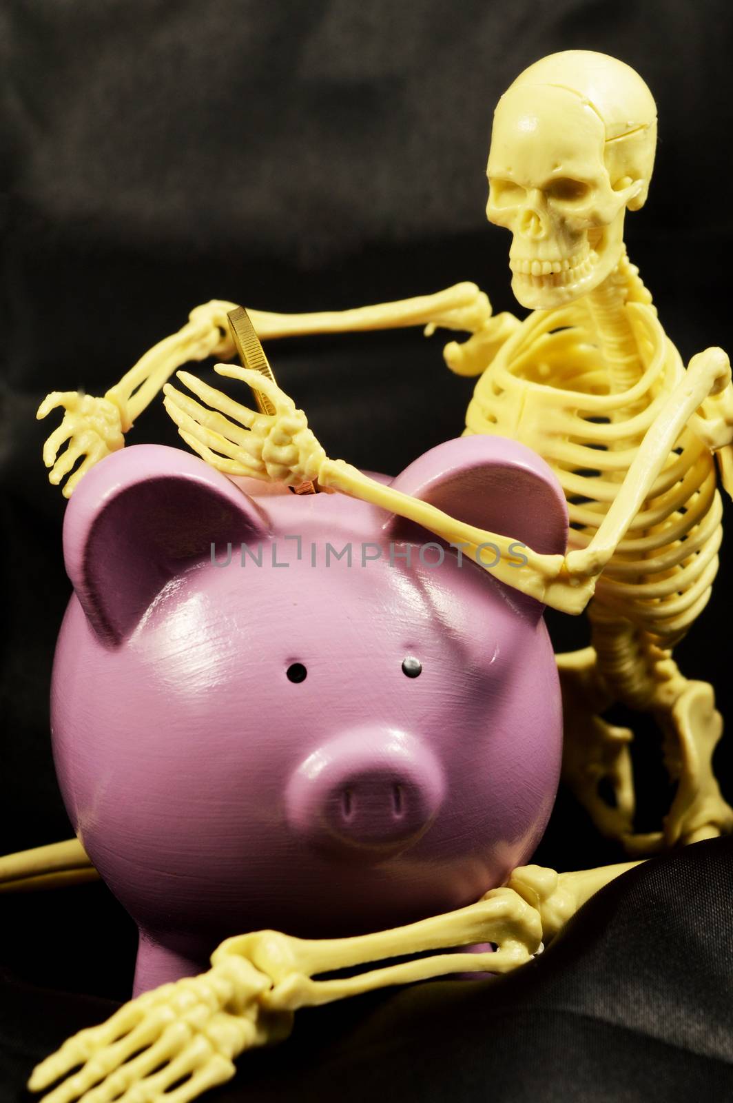 A skeleton guards his piggy bank while representing his scarcity of money and weath.