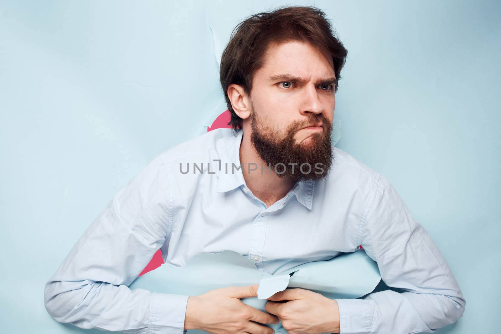 Man in shirt over wall emotions lifestyle fun office corporate party. High quality photo