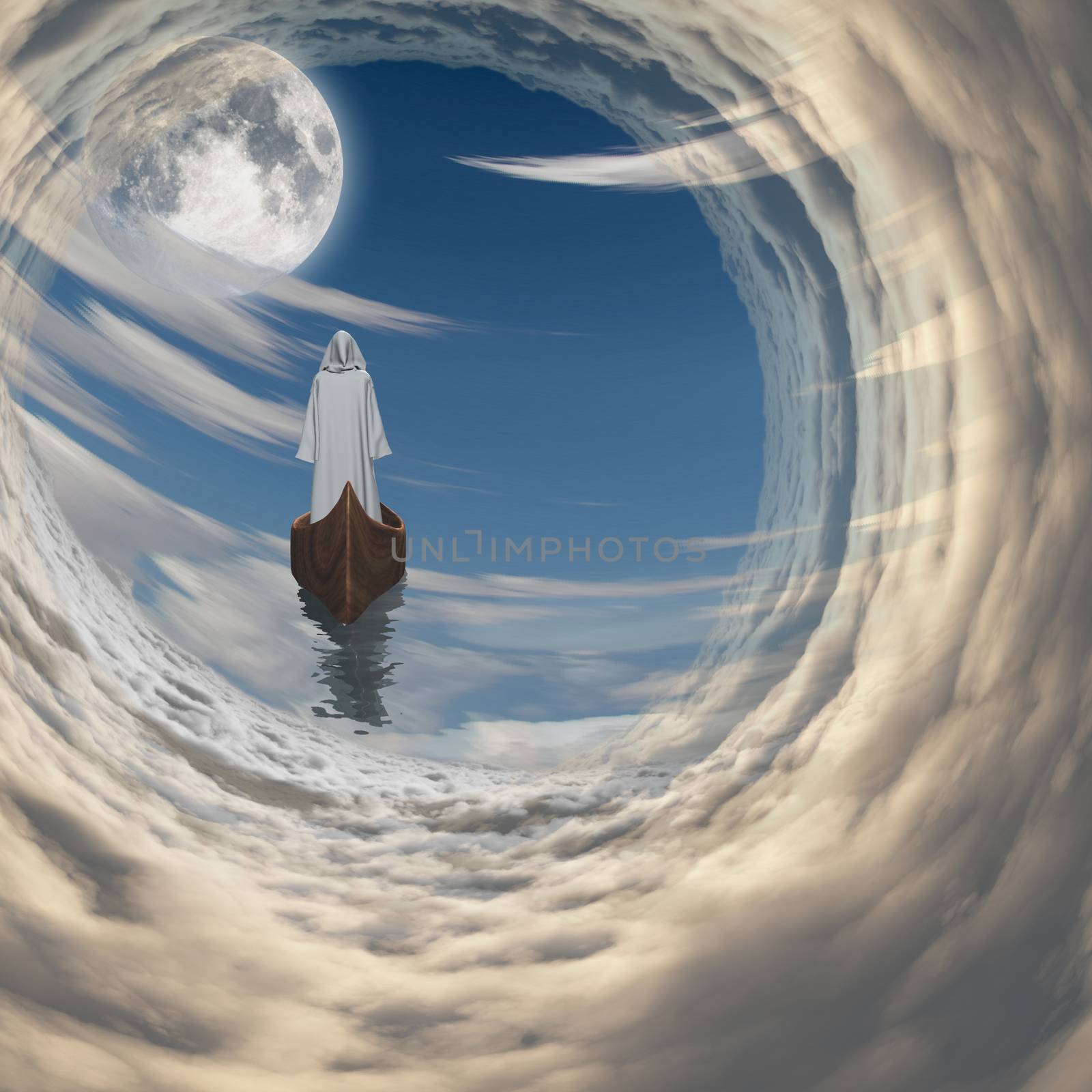 Figure in white robe floating to fulll moon in clouds. 3D rendering