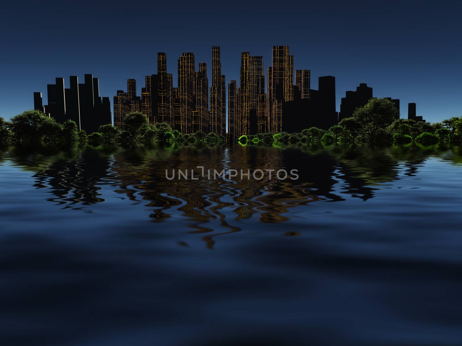 Surrealism. City of future in green forest surrounded by water. 3D rendering