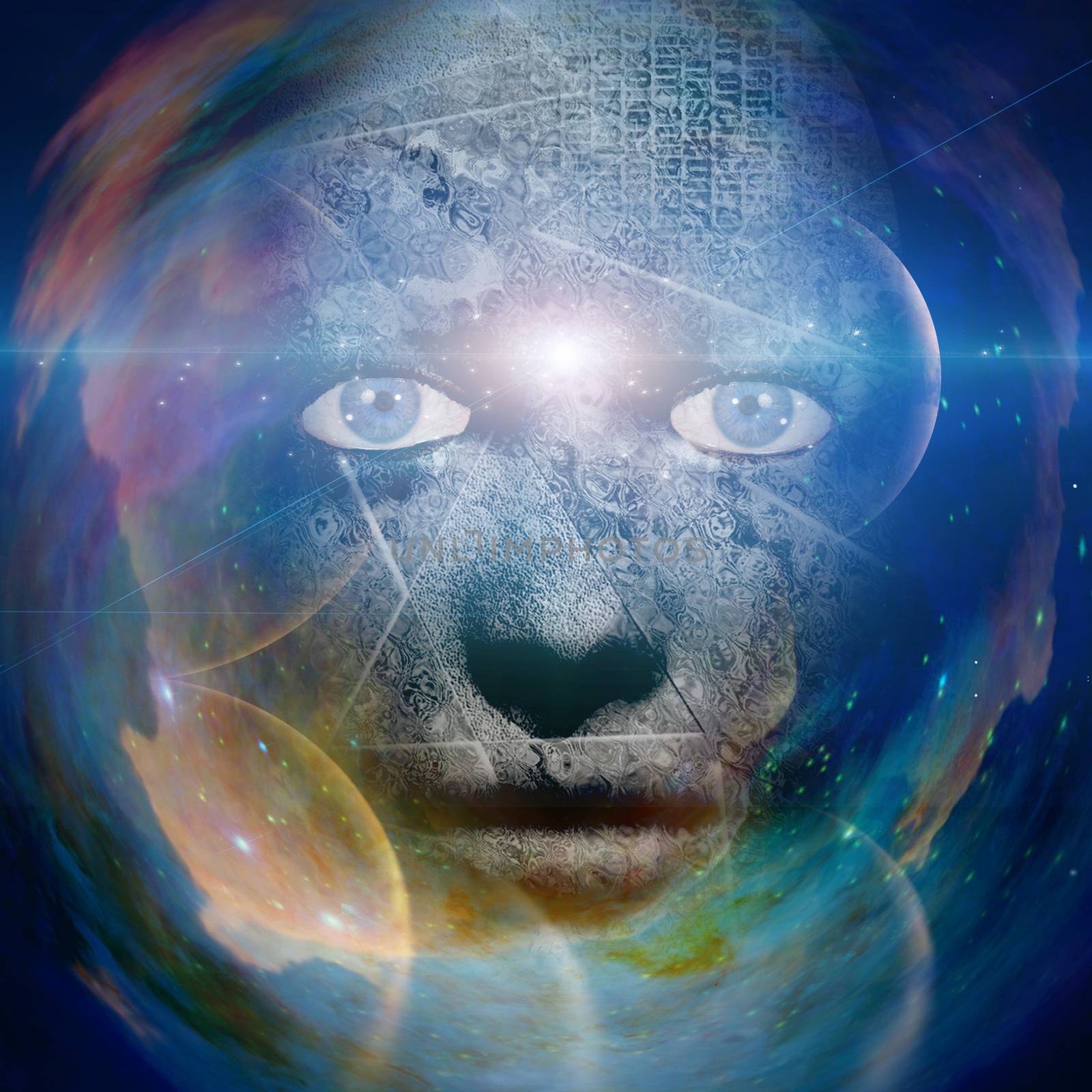 Scary human face with universe background by applesstock