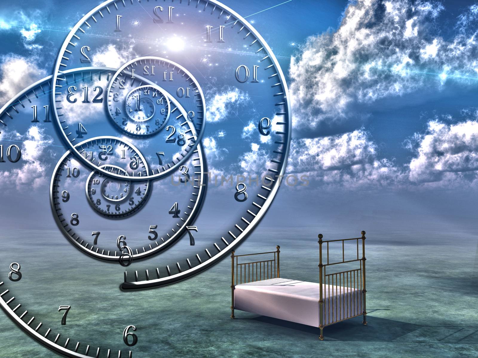 Empty bed in the sky. Spirals of time. 3D rendering