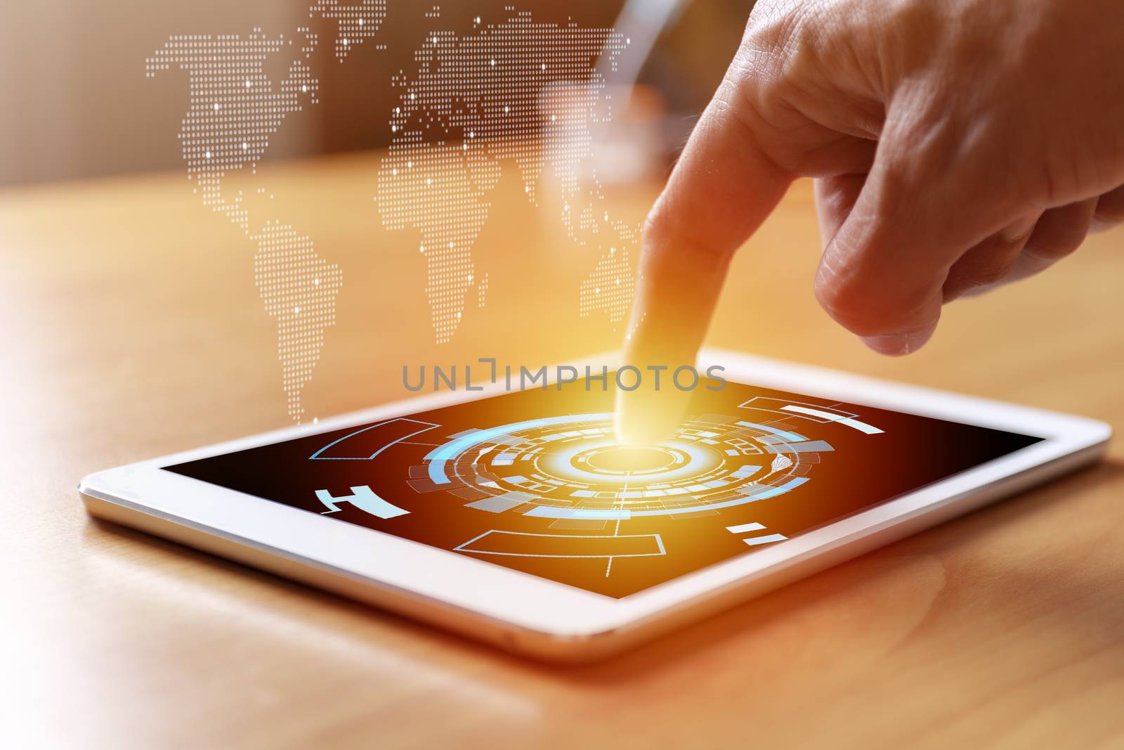 Business and social network concept. Businessman hands with tablet and world map tree graph background. Businessman hands use tablet network contact with customer and partners all the word.