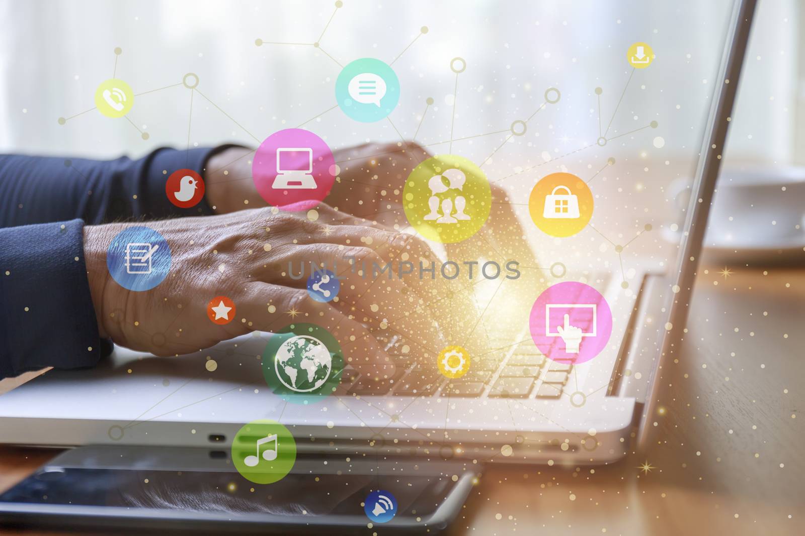 Lifestyle and technology concept  Close up man hands with laptop and social media web chart background. Man hands use computer network connect to social media around the world.