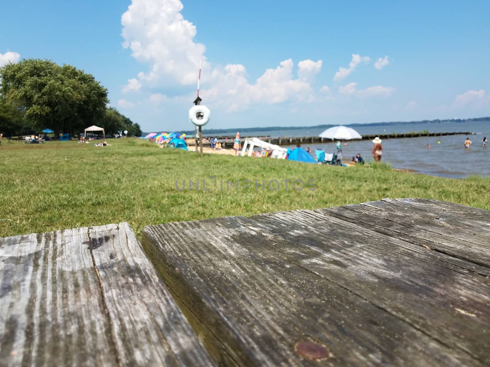 wood table and people in the water at a beach by stockphotofan1