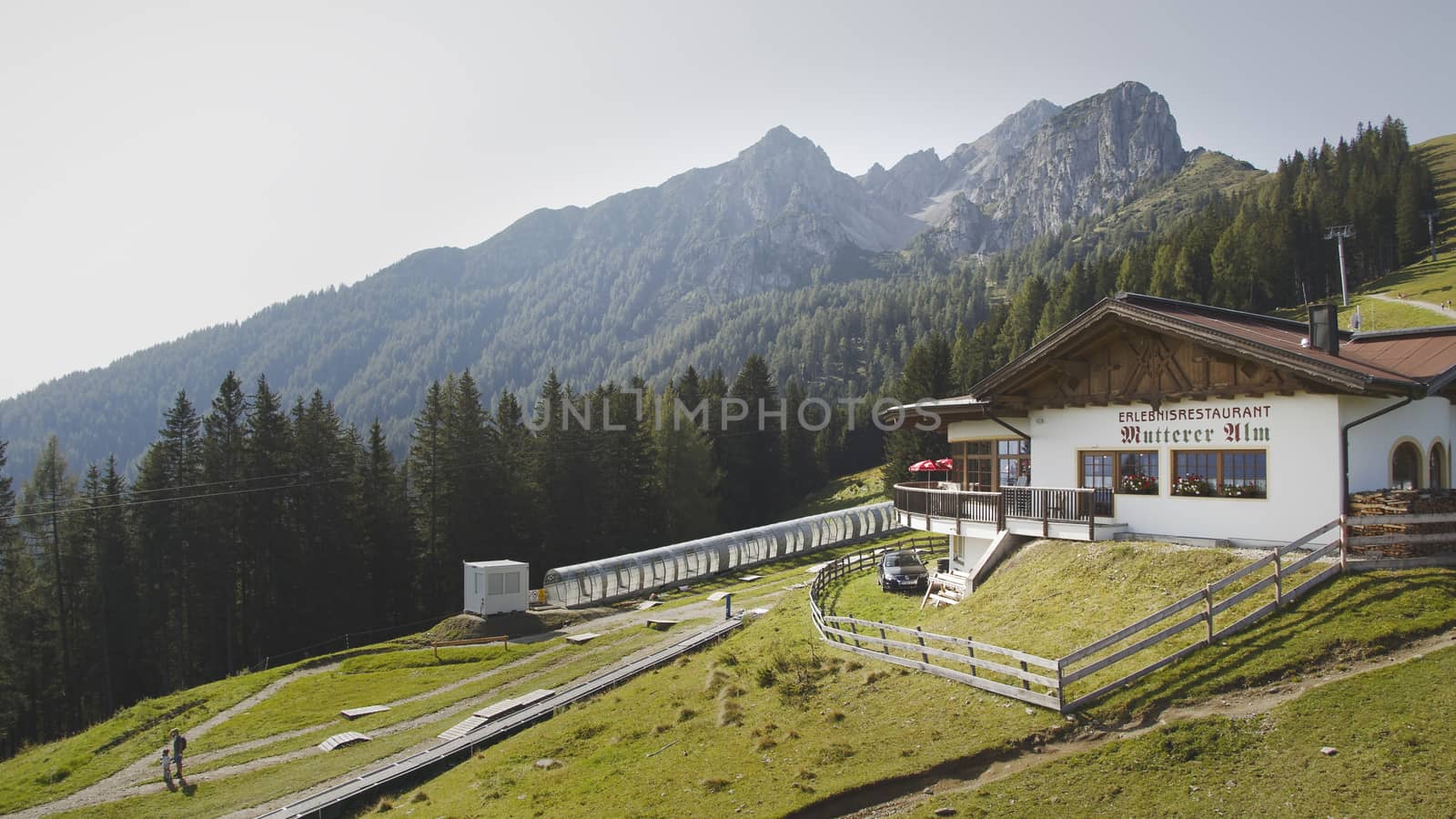 Sunny summer day with blue skies in Muttereralm, one of the mountains of the Austrian alps.