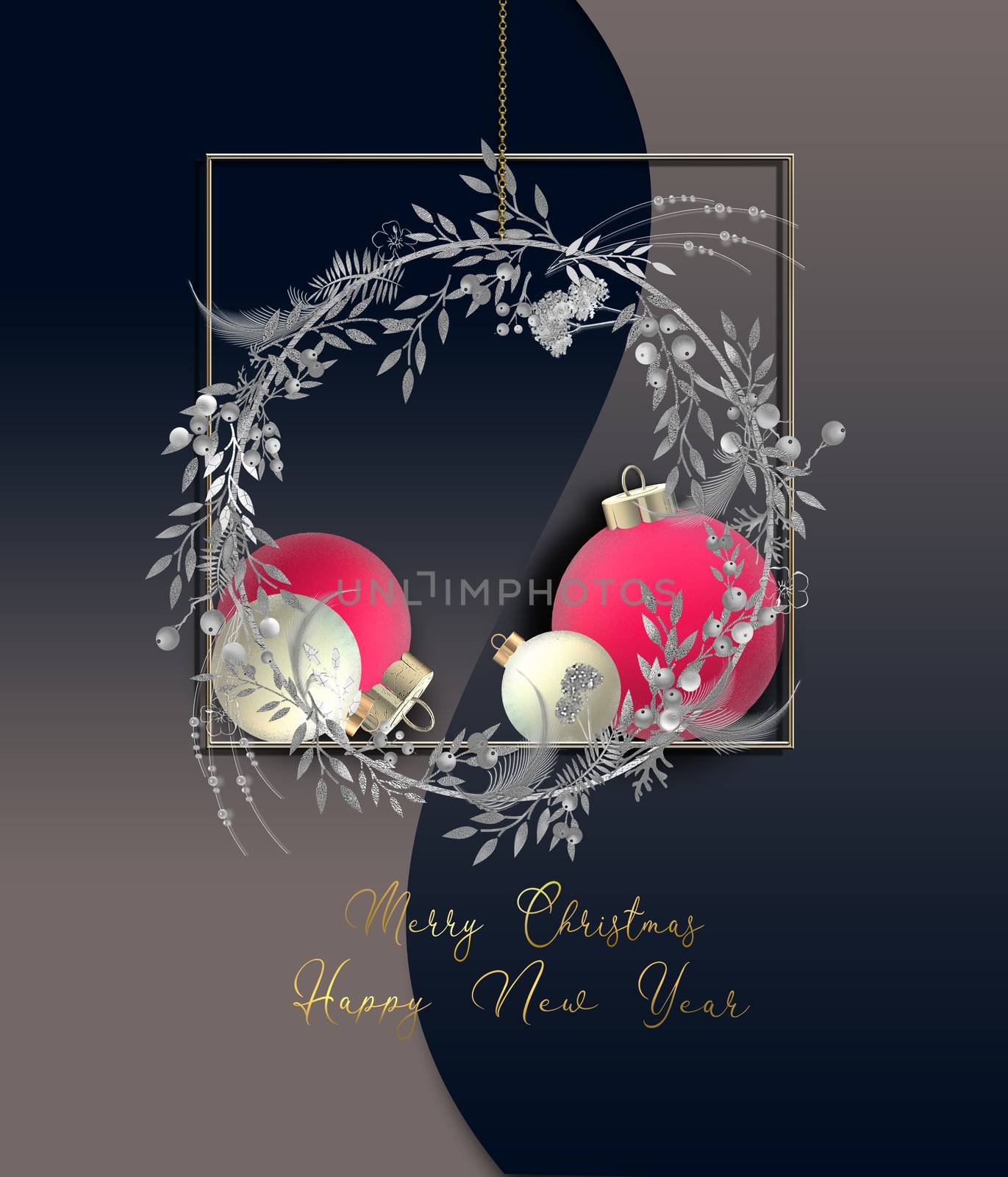 Christmas holiday invitation. Pink red Xmas balls baubles, Xmas wreath on blue black dramatic background. Gold text Merry Christmas Happy New Year. 3D render
