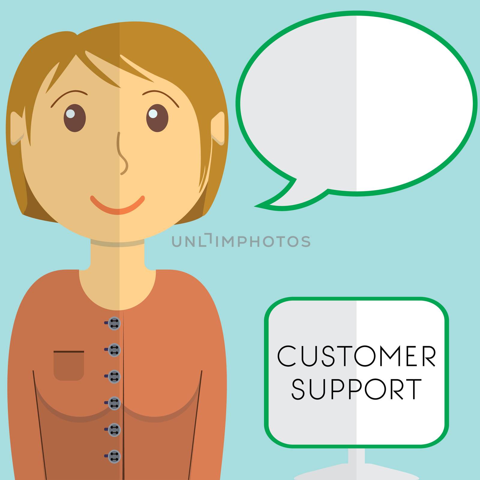 Flat design modern vector illustration concept of customer support manager with speach bubble, on color background.