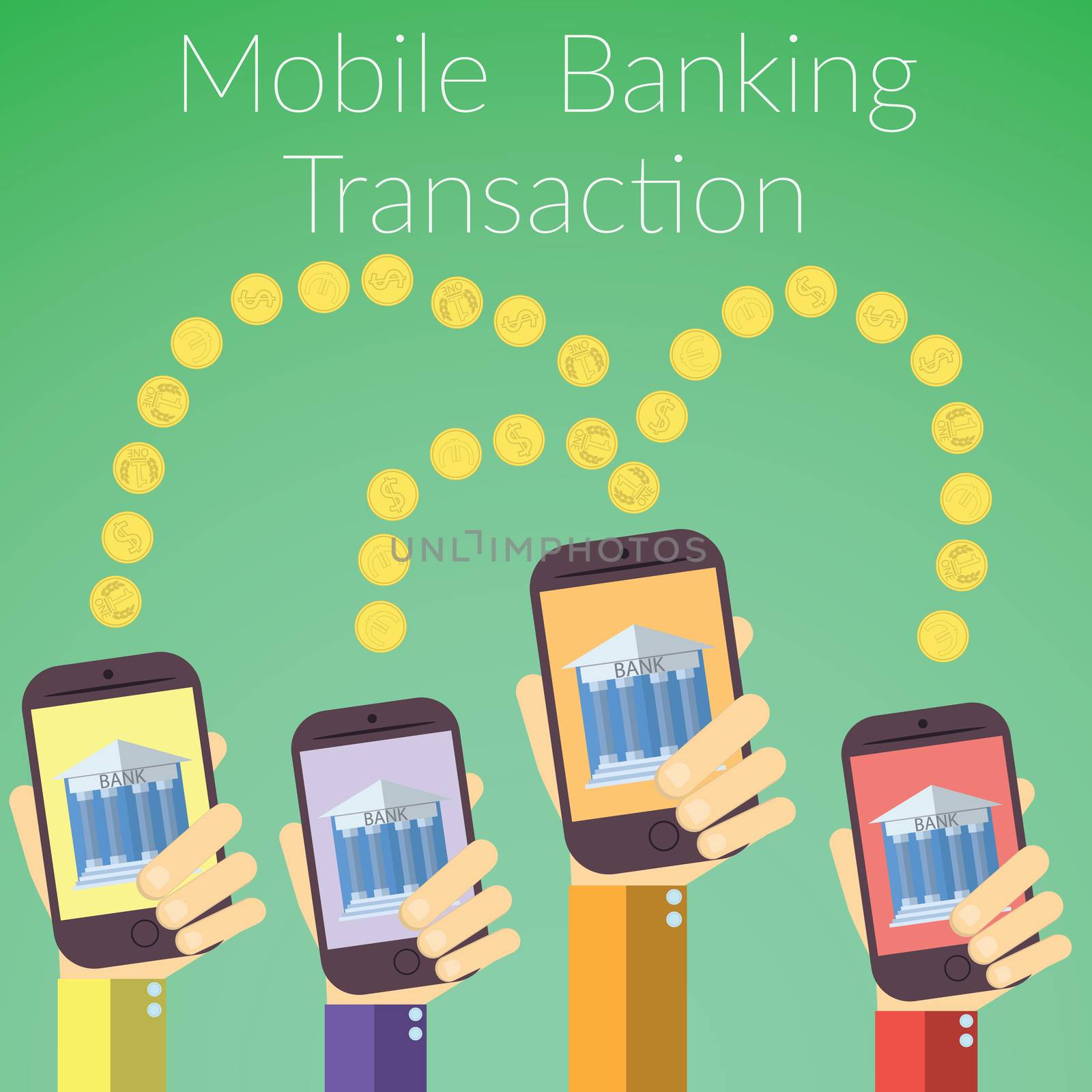 Flat design vector illustration of hands holding smart phones with bank icon. Concept for online banking transaction, on color background.