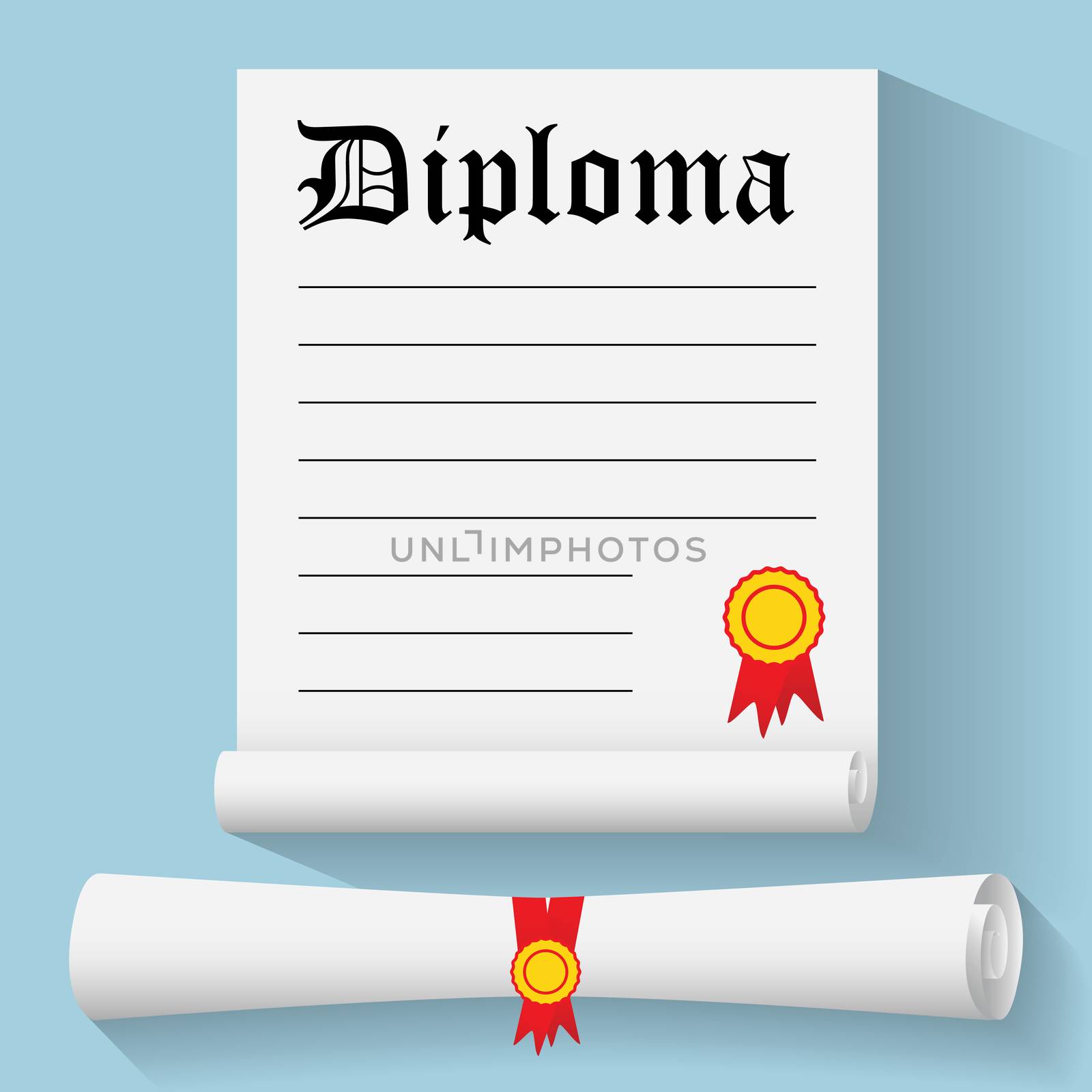 Flat design modern vector illustration of Degree Scroll with Red Ribbon and Diploma, on color background.