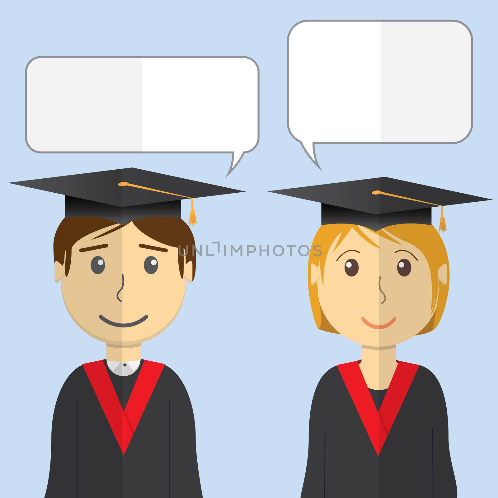 Flat design modern vector illustration of students in graduation gowns on color background.