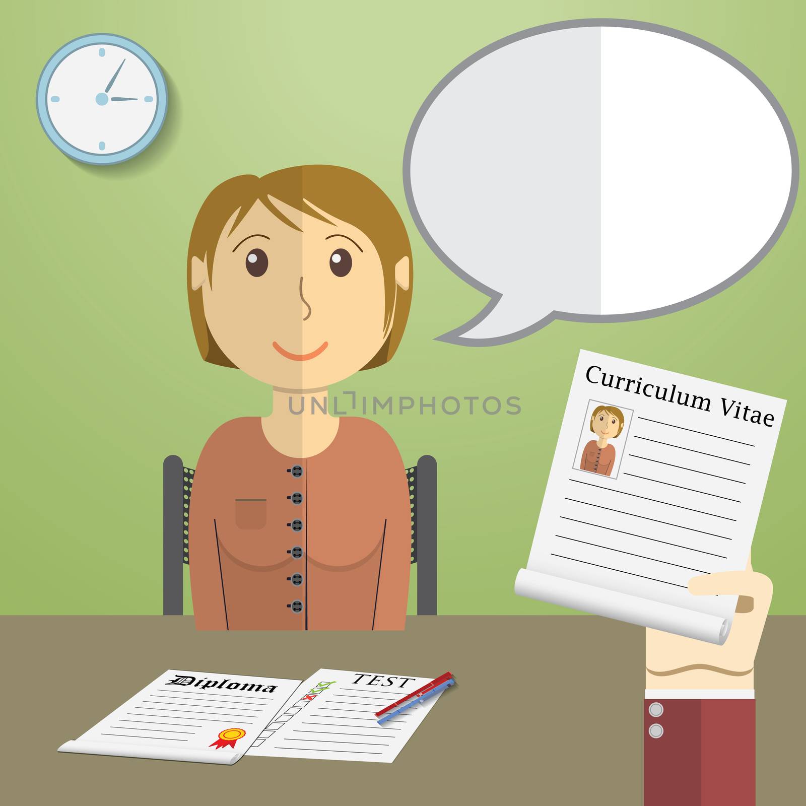 Flat design vector illustration concept for job interview, Hand Holding CV Profile talking to Candidate on Position.