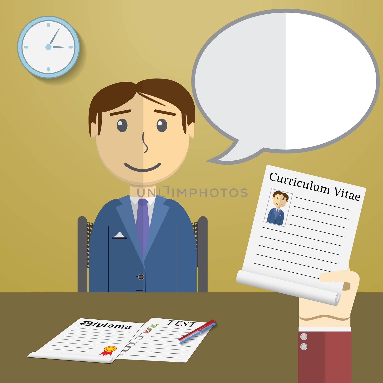 Flat design vector illustration concept for job interview, Hand Holding CV Profile talking to Candidate on Position.