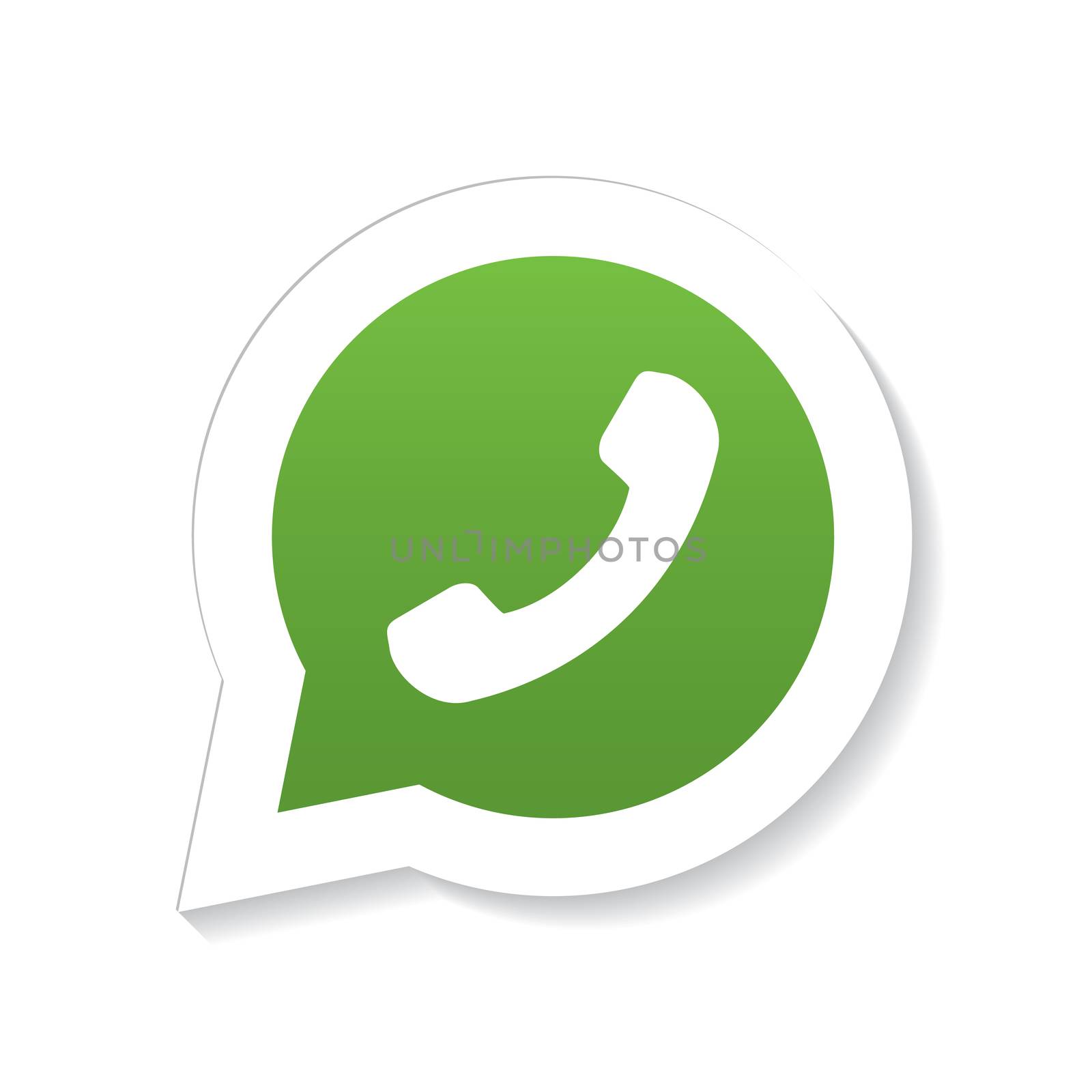 Green phone handset in speech bubble icon with fading shadow, isolated on white background.