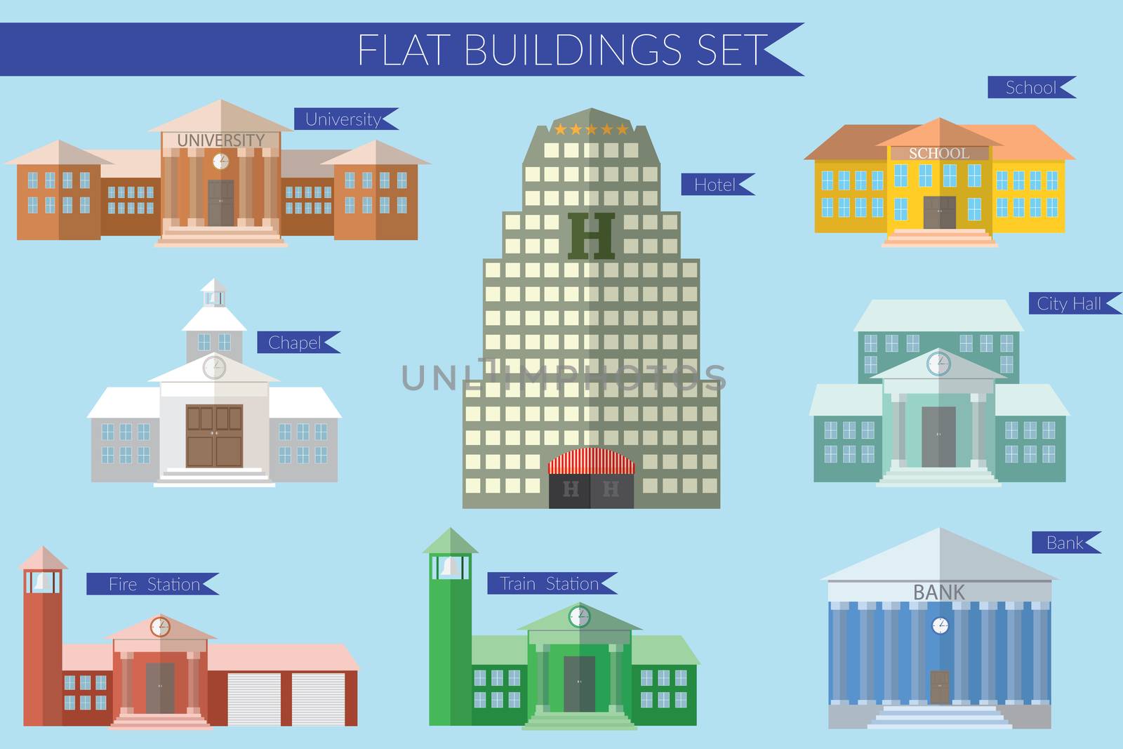 Flat design vector illustration concept for  building education icons set. University fire station, bank, city hall, school.