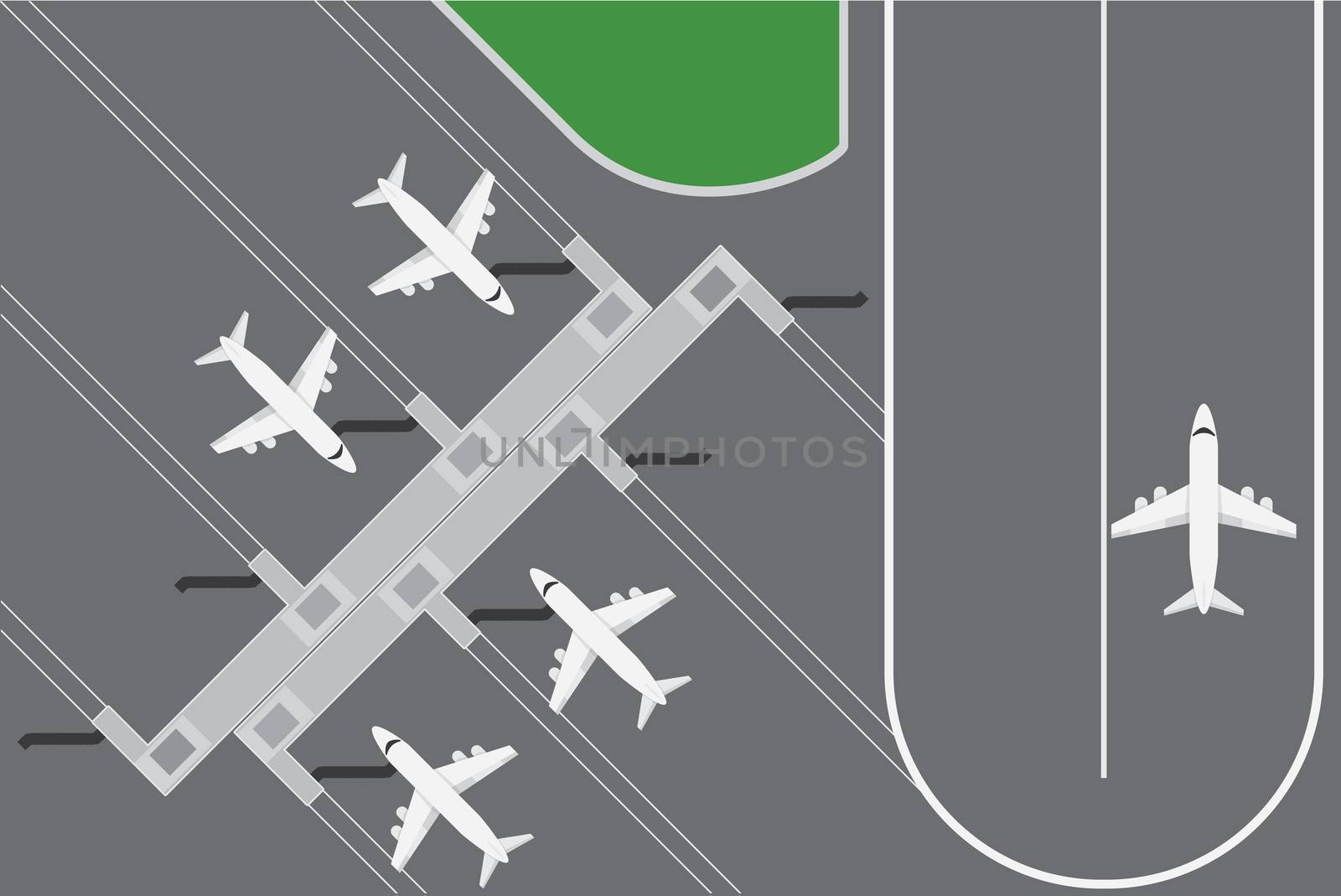 Flat design vector illustration of Airport buildingwith plans terminal with runway.