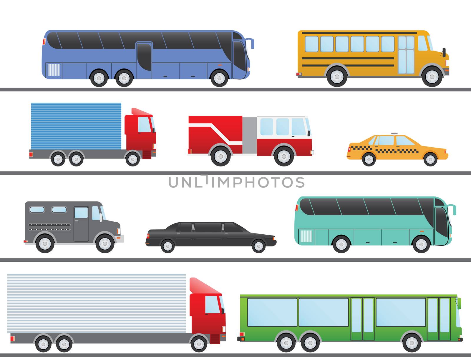 Flat design vector illustration city Transportation Flat Icons. Trucks, Bus, taxi, limo, fire truck, and school bus by Lemon_workshop