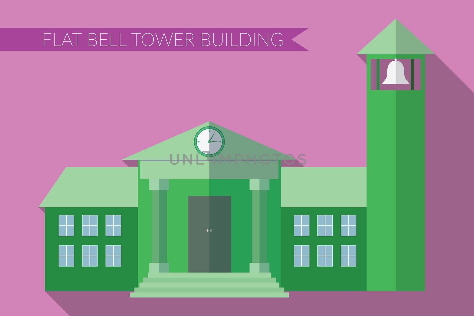 Flat design modern vector illustration of building with bell tower icon, with long shadow on color background by Lemon_workshop
